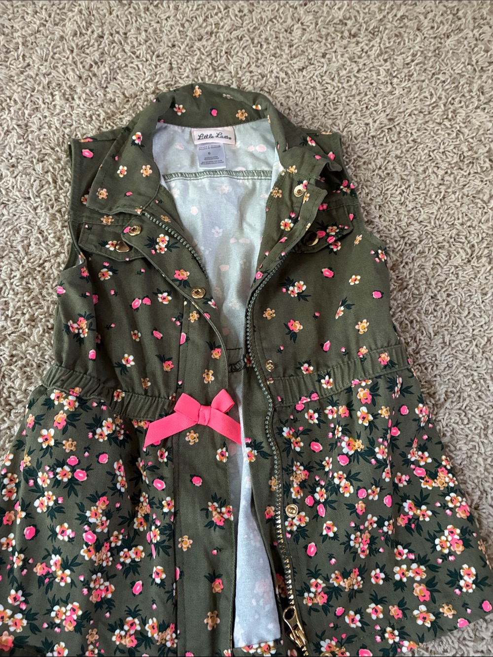 Little Lass Olive Floral Hooded Vest with Pink Bow, girls 6
